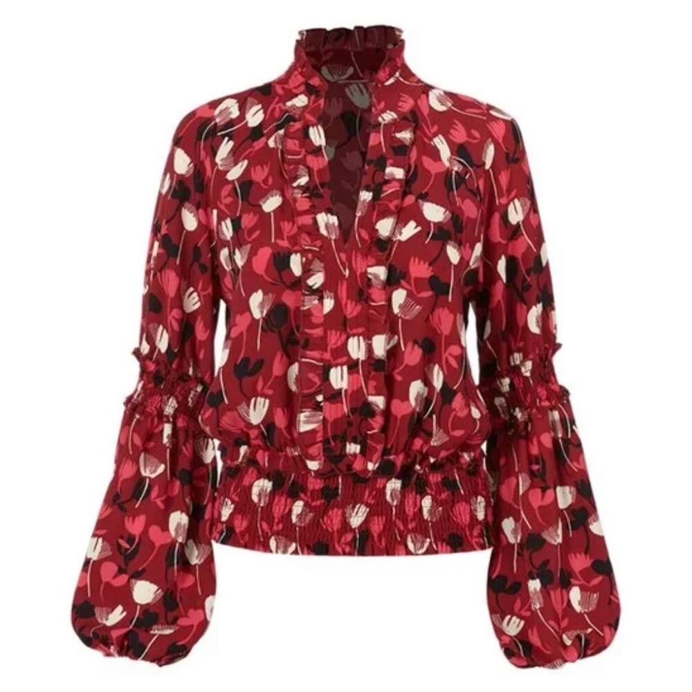 CABI Corsage Blouse Bishop Sleeves Ruffle Smocked V-Neck Top Style 4157, Size S